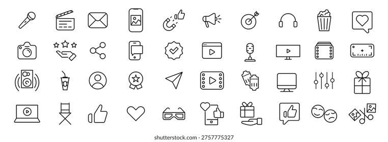 Set of line icon related to mass media, social networks, public media, journalism, communication, networking. Outline icon collection. Editable stroke. Vector illustration