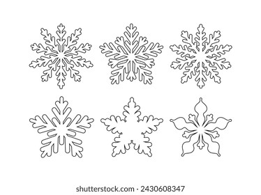 Conjunto de copos de nieve de icono de línea. Colección de elementos decorativos para las vacaciones de Navidad. Ilustración de vector