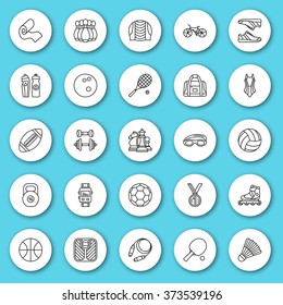 Set of line icon. Sport, fitness and recreation equipment. Contour round icons with shadow. Info graphic elements. Simple design. Vector illustration, eps 10.  