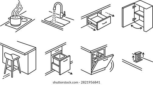 A set of line icon vector illustrations depicting kitchen features including stovetop cooking, running faucet, sliding drawers, cabinets, bar stool, pullout trash bin, dishwasher, and popup outlet.
