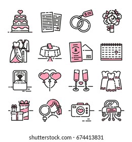 Set line icon for wedding. The symbols of the groom, the bride, the wedding invitation and the ring. Collection of signs for the newlyweds with pink color. Vector.