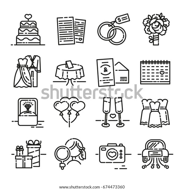 Set line icon for wedding. The symbols\
of the groom, the bride, the wedding invitation and the ring.\
Collection of signs for the newlyweds.\
Vector.