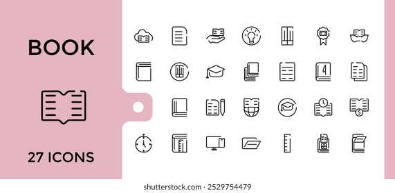 Set of line icons about books. Related to reading, library, ebook, notebook, magazine, guides. Editable stroke. pixel perfect. Vector illustration.