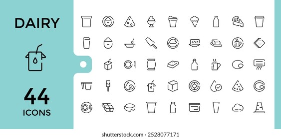 Set of line icons about dairy items. Milk, cheese, Butter, cream and more, Outline icon collections, Editable stroke. pixel perfect. Vector illustration.