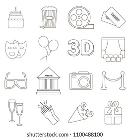 Set of line icons about entertainment. Vector collection in black color.Illustrations of cinema, theatre and party