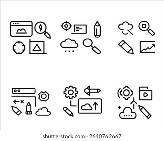 Set of line icons about web development in vector monochrome