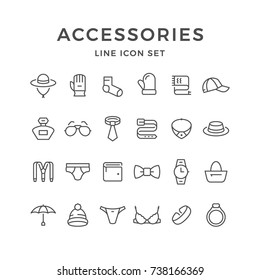 Ajuste los iconos de línea de los accesorios aislados en blanco. Contiene íconos como joyas, ropa interior, paraguas, calcetines, gafas, cinturón, bolso, reloj, perfume, bolso, guante, batido, corbata y más. Ilustración del vector