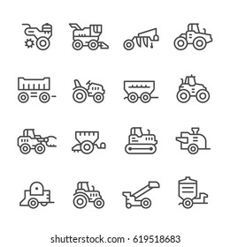 Set line icons of agricultural machinery isolated on white. Combine harvester, tractors and farm equipment. Vector illustration