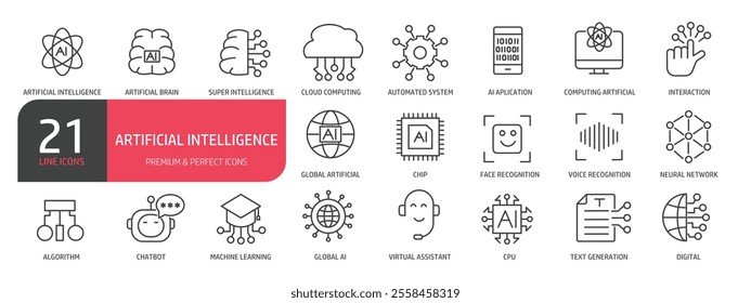 Set of line icons AI technology and possibilities, machine learning, smart robotic.  Outline icons collection. Vector illustration. stock illustration