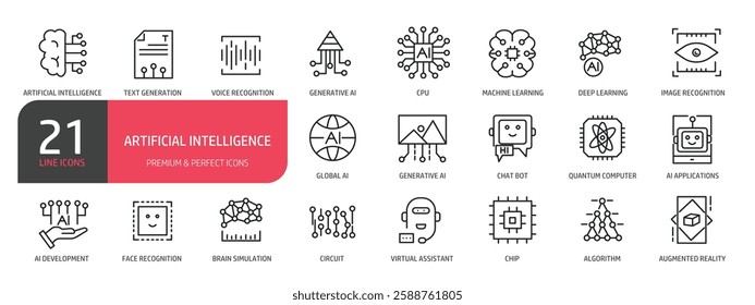 Set of line icons artificial intelligence, machine learning, chat bot, virtual assistant, chip.  Outline icons collection. Vector illustration. stock illustration