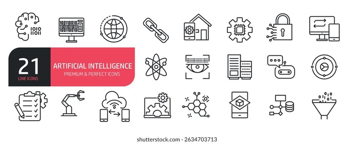 Conjunto de ícones de linha Inteligência artificial, cérebro artificial, aprendizagem de máquina, robótica inteligente.  Coleção de ícones de tópicos. Ilustração vetorial. ilustração de stock