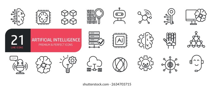 Conjunto de ícones de linha Inteligência artificial, cérebro artificial, aprendizagem de máquina, robótica inteligente.  Coleção de ícones de tópicos. Ilustração vetorial. ilustração de stock
