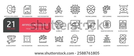 Set of line icons artificial intelligence, machine learning, chat bot, virtual assistant, chip.  Outline icons collection. Vector illustration. stock illustration