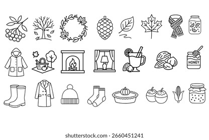 Conjunto de iconos de línea de otoño Vector sobre fondo blanco
Iconos de la línea del sistema del Vector en el fondo blanco