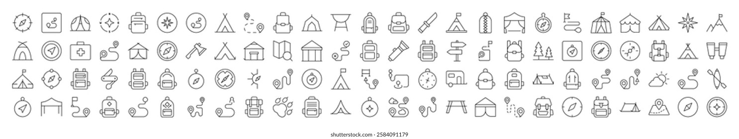 Set of Line Icons of Backpack, Road, Map Pin, Compass, Tent. Editable Stroke. Minimalistic Linear Pictogram for Design of Cards, Apps, Banners, Posts 