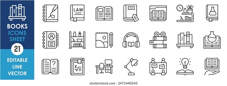 A set of line icons with books and study materials. Book, reading, study desk, group discussion, math, rack, chemistry and so on. Vector outline icons set.