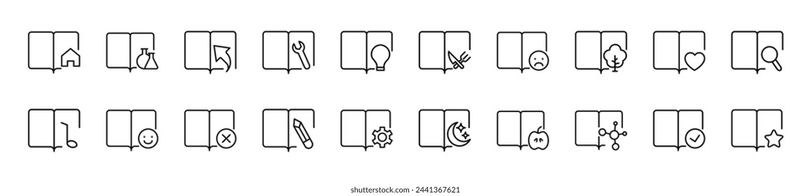 Set of line icons of books with various items. Editable stroke. Simple outline sign for web sites, newspapers, articles book