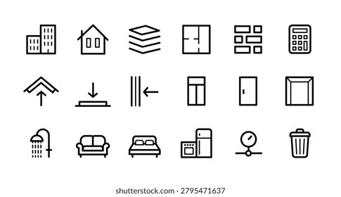Set of line icons. Building construction and engineering and structural elements. Walls, ceiling, roof, rooms, materials and plans. Simple lineart icon collection for UI design. Vector illustration