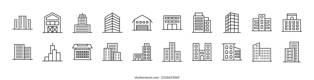 Conjunto de iconos de línea de edificio. Trazo Editable. Pictograma lineal minimalista para el diseño de tarjetas, App, Anuncios, publicaciones 
