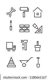 Set Of Line Icons Building House Repairs 
Truck Bricks Vector Sign Draft Shovel Hammer Black And White Background