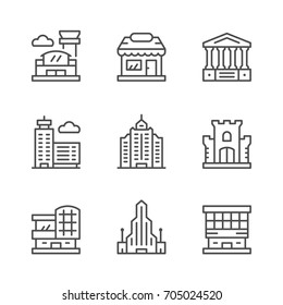 Set Line Icons Of Buildings Isolated On White. Contains Such Icons As Shop, Castle, Airport, Sky, Shopping Mall, Hotel, Scraper, Business Center, Museum And More. Vector Illustration