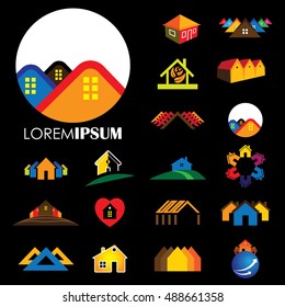 set of line icons of buildings vector logo. this also represents homes, houses, apartments and residential buildings, rental property, real estate buy sell icons, etc