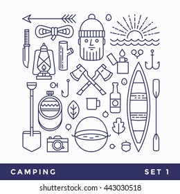 Set line icons camping tourism. Set includes: tourist, canoeing, pot, knife, ax, shovel, hook, lighter, flask, cup, paddle, sun, rope, camera. Vector blue icon on white.