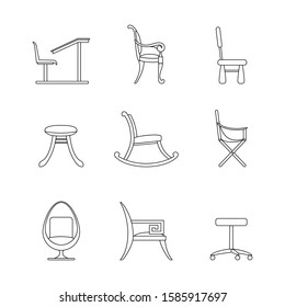 Set of line icons Chairs. Different options for chairs and armchairs. Black outline of interior items isolated on a white background. Computer, children, camping, school, rocking, egg chairs, stool
