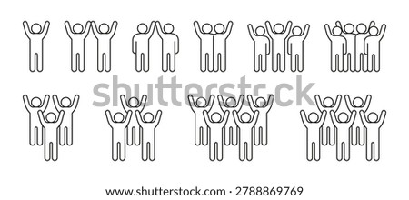 Set of line icons of cheering people group. Diverse human crowd standing with raised hands. Teamwork, cooperation, community, friendship and success. Vector illustration