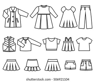 Set of line icons children's clothes for girls. Collection of clothing on white background. Vector illustration.
