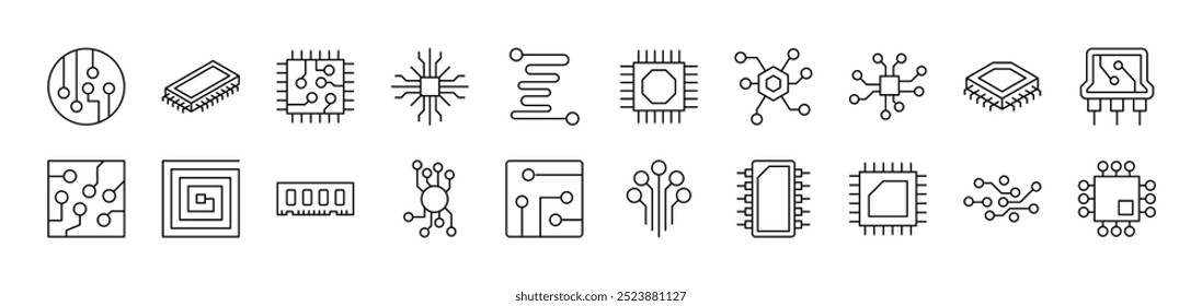 Set of Line Icons of Chip and Scheme. Editable Stroke. Minimalistic Linear Pictogram for Design of Cards, Apps, Banners, Posts