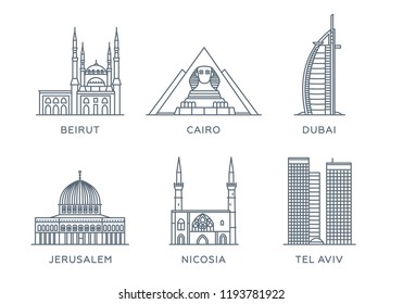 Stellen Sie die Symbole der Städte ein. Die Sammlung der berühmtesten und größten Städte im Nahen Osten. Vektorgrafik, flaches Design, weiß einzeln. Beirut, Kairo, Dubai, Jerusalem, Nicosia, Tel Aviv