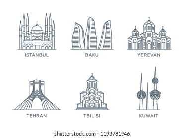 Set line icons of cities. The collection of the most famous and largest cities of Near East. Flat design, trendy style. Vector, white isolated. Istanbul, Baku, Yerevan, Tehran, Tbilisi, Kuwait