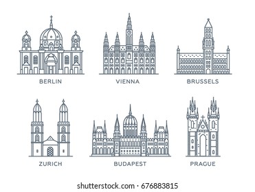 Establecer iconos de línea de ciudades. La colección de las ciudades más famosas y grandes de Europa. Diseño plano, estilo moderno. Vector, blanco aislado. Berlín, Viena, Bruselas, Zurich, Budapest, Praga 
