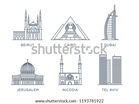 Set line icons of cities. The collection of the most famous and largest cities of Near East. Vector illustration, flat design, white isolated. Beirut, Cairo, Dubai, Jerusalem, Nicosia, Tel Aviv