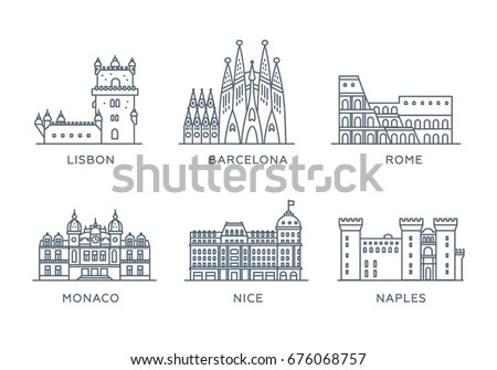 Set line icons of cities. Collection of popular cities of Southern Europe. Flat design, trendy style. Vector, white background isolated. Rome, Barcelona, Lisbon, Monaco, Nice, Naples