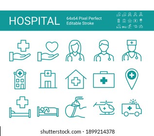 Set of line icons of clinic, hospital. Editable vector stroke. 64x64 Pixel Perfect.