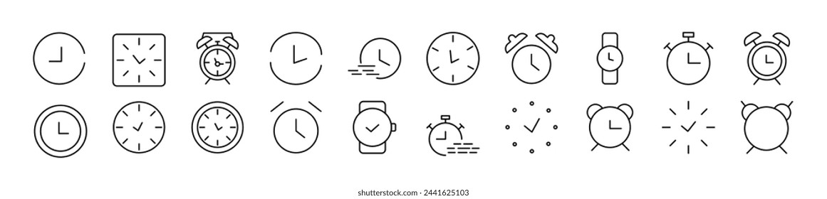 Set of line icons of clock. Editable stroke. Simple outline sign for web sites, newspapers, articles book