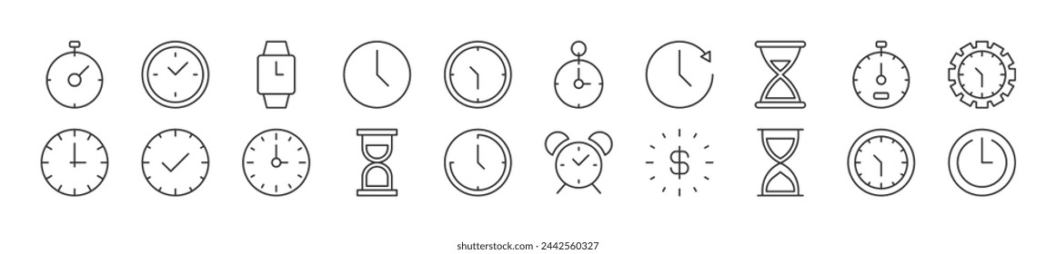 Set of line icons of clock as time. Editable stroke. Simple outline sign for web sites, newspapers, articles book