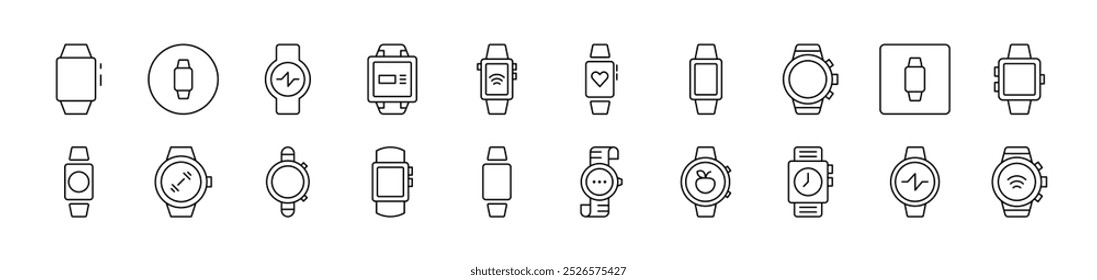 Set of Line Icons of Clock and Watch. Editable Stroke. Minimalistic Linear Pictogram for Design of Cards, Apps, Banners, Posts