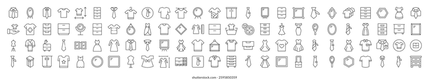 Set of Line Icons of Closet, Wardrobe, Mirror, Dress, T Shirt. Editable Stroke. Minimalistic Linear Pictogram for Design of Cards, Apps, Banners, Posts
