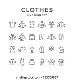 Set line icons of clothes isolated on white. Contains such icons as coat, dress, hoodie, jacket, anorak, overall, vest, trousers, swimwear, skirt, leggins, t-shirt and more. Vector illustration