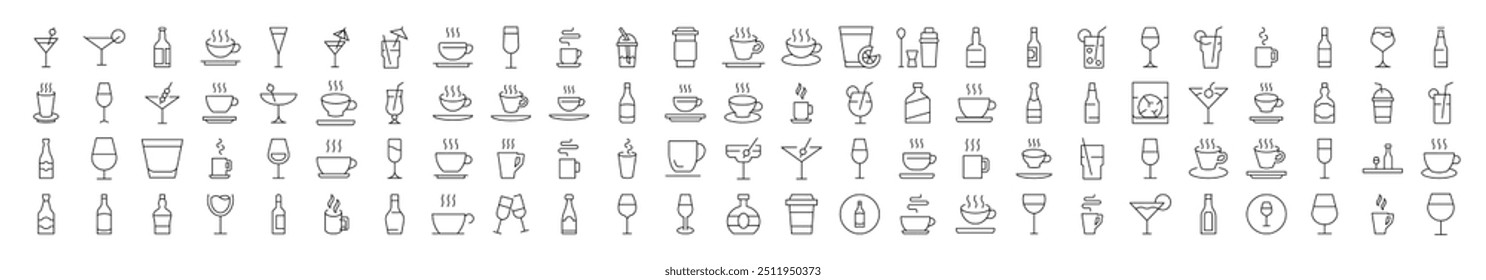 Set of Line Icons of Coffee, Soft Drinks, Alcoholic Beverages. Editable Stroke. Minimalistic Linear Pictogram for Design of Cards, Apps, Banners, Posts