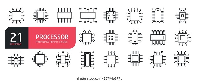 Set of line icons computer, processor, CPU, micro chip, electronic. Outline icons collection. Vector illustration. stock illustration