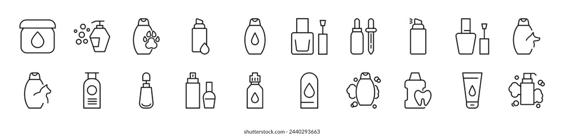 Set of line icons of cosmetic bottle. Editable stroke. Simple outline sign for web sites, newspapers, articles book