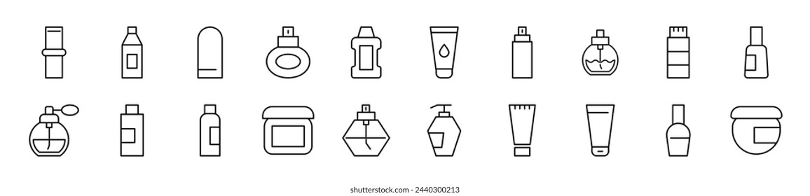 Set of line icons of cosmetic bottles. Editable stroke. Simple outline sign for web sites, newspapers, articles book