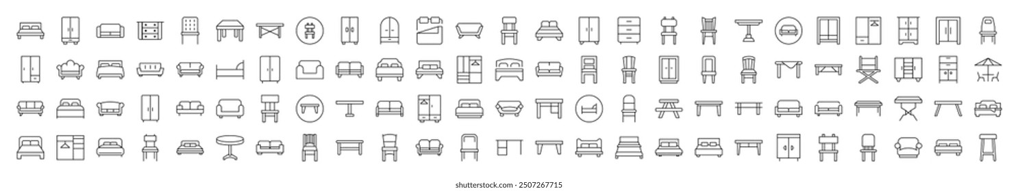 Set of Line Icons of Couch, Sofa, Table, Chair. Editable Stroke. Minimalistic Linear Pictogram for Design of Cards, Apps, Banners, Posts