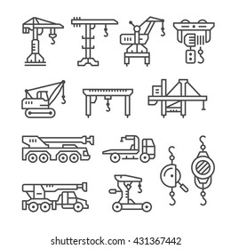 Set line icons of crane, lifts, winches