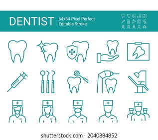 Set of line icons of dentist. Dental icon. Editable vector stroke.