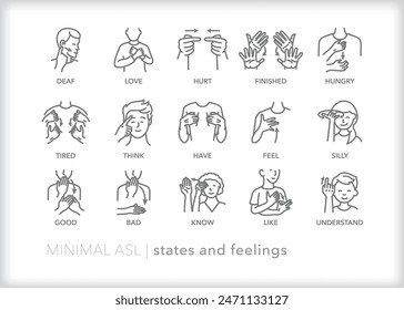 Set of line icons depicting American Sign Language (ASL) communication for word and phrases that depict states and feelings